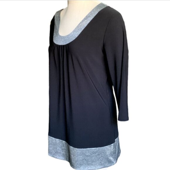 Marc Bower Scoop Neck Pinch Pleat Tunic Top Black Silver Metallic Trim Sz M #54B - Picture 3 of 7